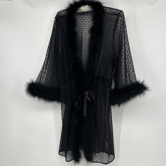 Betsey Johnson Black Sheer Polka Dot Robe Feathers Trim Bow Tie Small - Picture 1 of 9